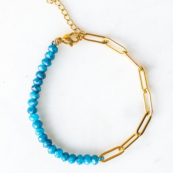 Handmade Jewelry - Half Blue Apatite Beaded Gemstone Bracelet Half Gold Paperclip Chain WATERPROOF